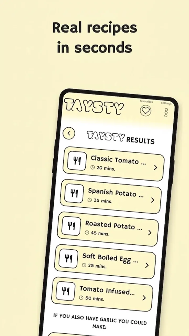 TAYSTY results screen listing several complete recipes with cook times, from Classic Tomato to Roasted Potato.