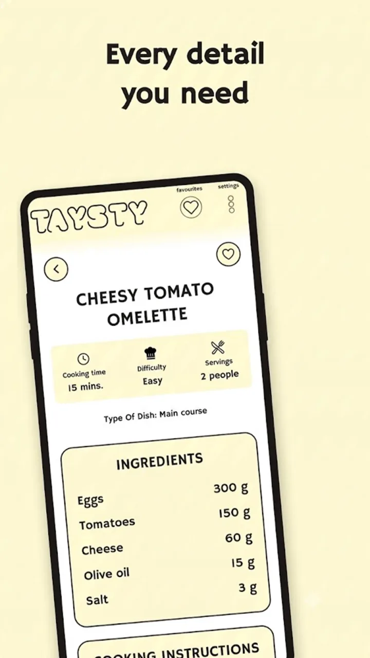 TAYSTY recipe detail for Cheesy Tomato Omelette, showing cooking time, difficulty, servings and a full ingredient list.