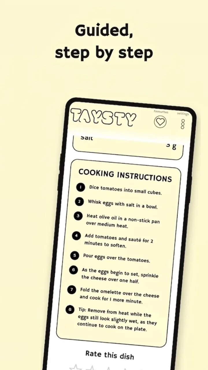 TAYSTY cooking instructions screen with eight numbered steps and a chef's tip.