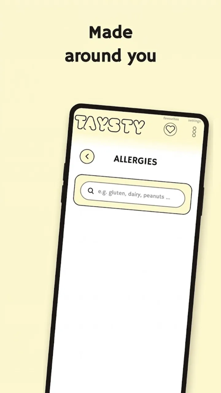 TAYSTY allergies screen where you can add items like gluten-free, no peanuts, or vegan.